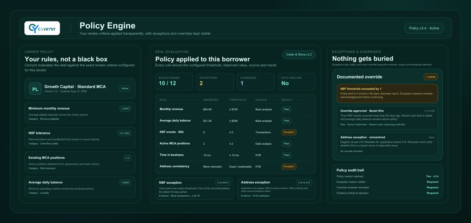 Policy view: lender criteria applied with an exception and a recorded override